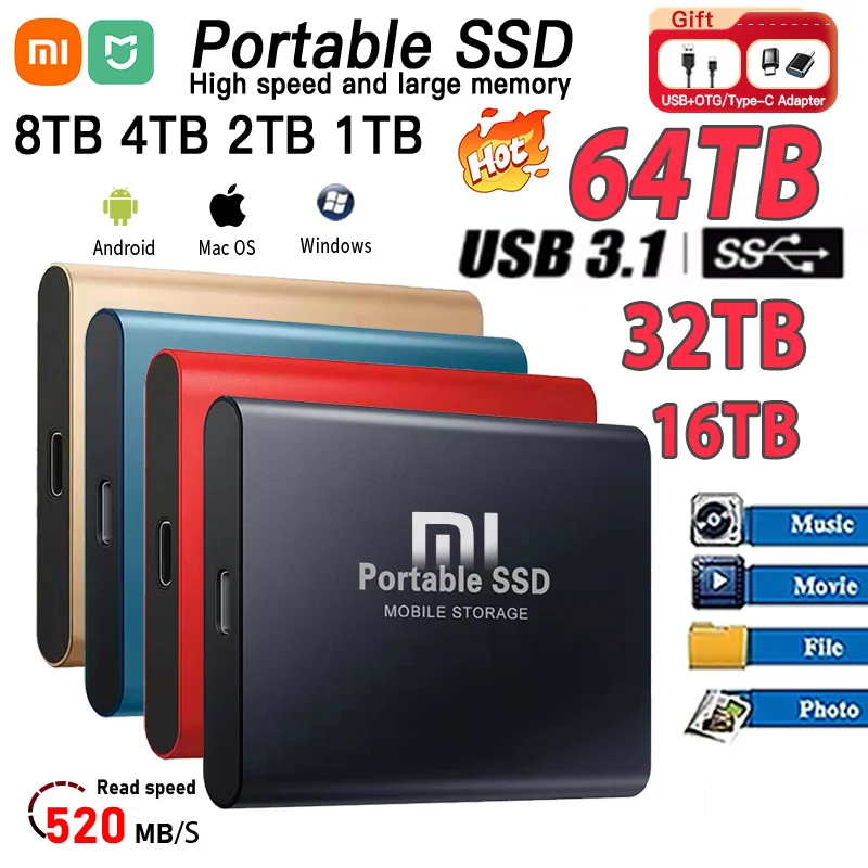 샤오미 미지아 외장 하드 드라이브, 1TB 스토리지 드라이브, 미니 솔리드 스테이트 SSD, USB3.1 HDD, 맥/휴대폰용 휴대용 2TB 외장 하드 디스크