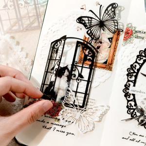 Journamm 20 개/갑 Hollow Out 공예 종이 Aesth 꽃 창 콜라주 정크 저널 DIY Scrapbooking 검정 흰색 재료 종이