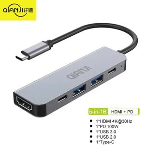 노트북 맥북용 USB C 허브 멀티 포트 어댑터, HDMI 4K 타입 3.0 포트, 100W 전원 공급, Qianji 허브, 5 in 1