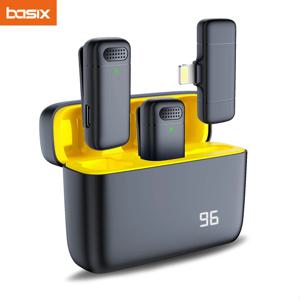 Basix 2.4G 무선 스테레오 라발리에 마이크, 라이브 인터뷰용 충전 케이스 포함, 야외 미니 소음 차단 라펠 마이크