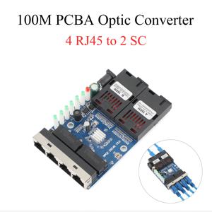 광섬유 미디어 컨버터, 블루 이더넷 스위치, PCBA 보드, 4 RJ45-2 SC A + B 광 커넥터, 10M, 100M, 1310nm, 1550nm 포트, 20km