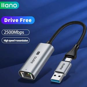 LLANO PC 노트북용 기가비트 어댑터 네트워크 카드, USB 3.1 C 타입-이더넷 RJ45 랜, 100, 1000, 2500Mbps