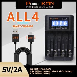 POWERKAN LCD 화면 장착 소형 배터리 충전기, 편리한 ALL4 AA, AAA, 4 슬롯, 1.2V, Hi-MH, 1.5V, 3.7V 리튬 이온