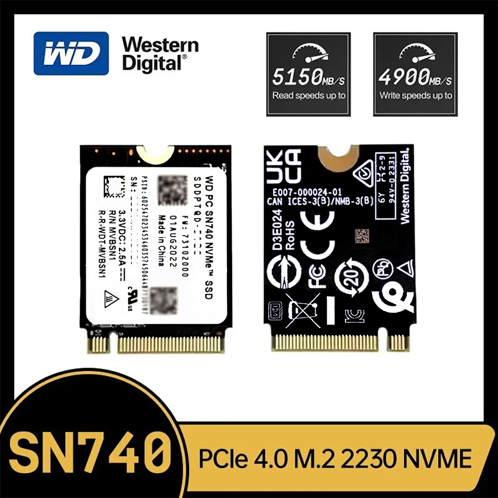 웨스턴 디지털 WD SN740 1TB 2TB SSD M.2 2230 Gen4 PCIe 4.0 X4 NVMe 솔리드 스테이트 드라이브, 스팀 데크 마이크로소프트 서피스 프로 X용