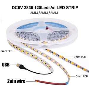 PCB LED 스트립 조명, 초박형 120LEDs/m, 8mm 유연한 테이프, DC IP21 방수 불가, 따뜻한 내추럴 화이트, 5V 2835 1 LED 컷, 3mm, 5mm