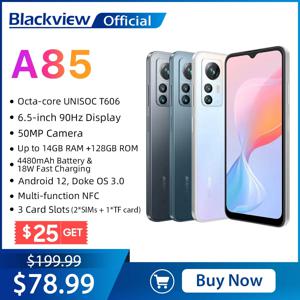 Blackview A85 안드로이드 12 스마트폰, 14GB, 128GB, 6.5 인치, 90Hz 디스플레이, 50MP 후면 카메라, 4480mAh, 18W 충전 3 슬롯 카드, NFC 휴대폰