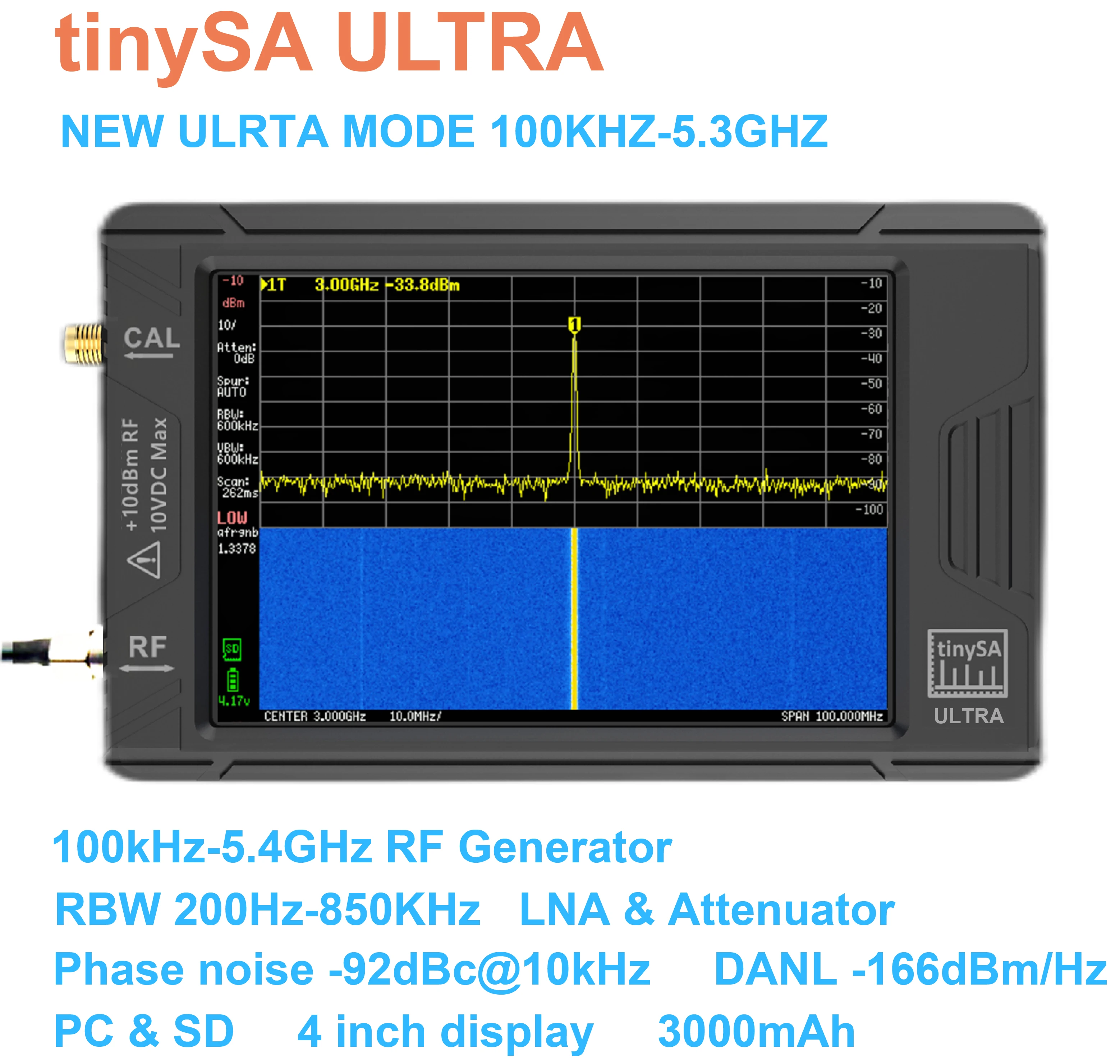 TinySA 울트라 100kHz-5.3GHz, 4 인치 디스플레이, 휴대용 소형 스펙트럼 분석기, RF 발생기, 배터리 포함 정품