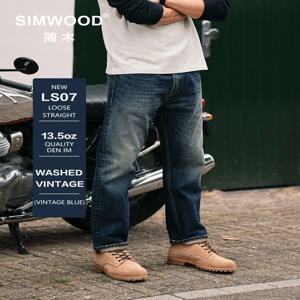 SIMWOOD 남성용 루즈 스트레이트 워싱 빈티지 청바지, 클래식 플러스 사이즈 데님 바지, 13.5oz 원단, 2024 가을 신상