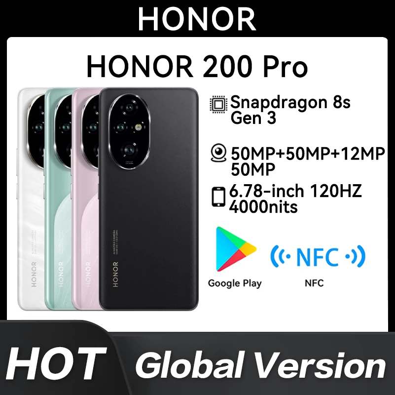 화웨이 아너 200 프로, 스냅드래곤 8s, 3 세대, 6.78 인치, 120Hz, 아몰레드, 50MP, 5200mAh, 100W, NFC, 오리지널 글로벌 버전, 신제품