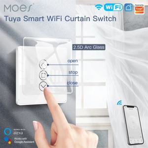 MOES WiFi RF433 스마트 2.5D 아크 유리 터치 커튼 스위치 롤러 블라인드 셔터, 스마트 라이프/투야 앱 작동 알렉사 구글 홈