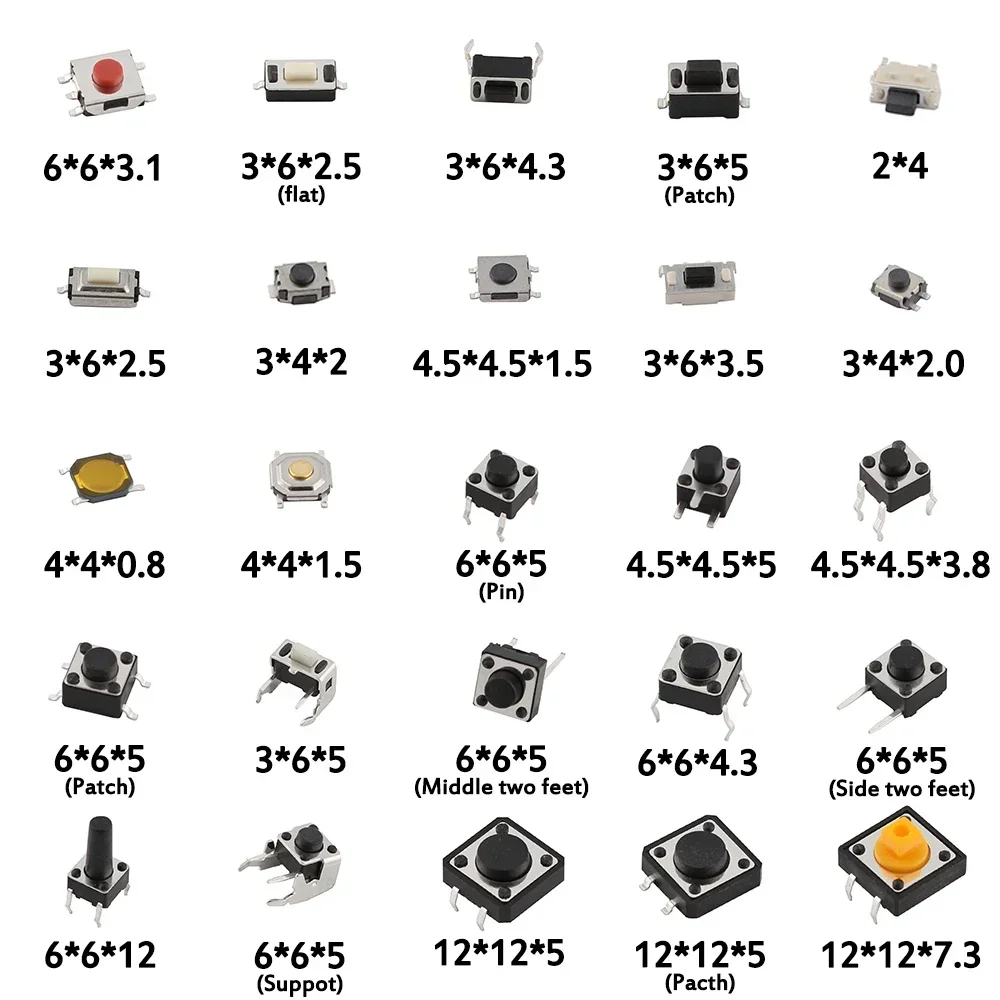 모듬 마이크로 스위치 푸시 단추 택트 터치 스위치, SMD DIP 리셋 미니 리프 스위치, 2*4, 3*6, 4*4, 6*6, DIY 키트, 25 종, 125 개