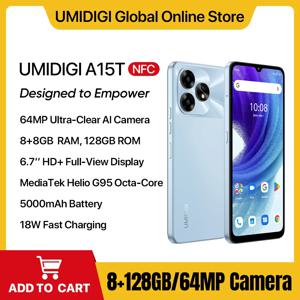 UMIDIGI A15T 스마트폰, 안드로이드 NFC, 16GB (8 + 8GB 확장) RAM, 128GB ROM, Helio G95,64MP AI 카메라, 6.7 인치 HD + 5000mAh 휴대폰 2024