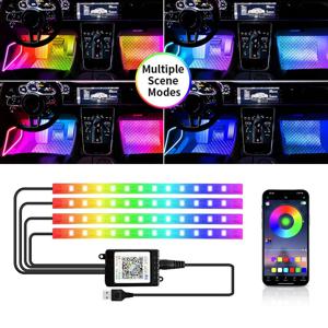 차량용 LED 풋 앰비언트, USB 담배 라이터 백라이트 음악 제어 앱, RGB 자동 인테리어 장식 분위기 조명