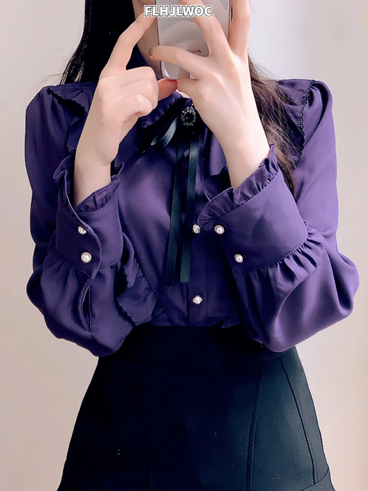얇은 반투명 리본 활 넥타이, 레트로 빈티지 탑, 귀여운 스위트 걸 블루사스, 퍼플 그린 화이트 단추 셔츠, 2025