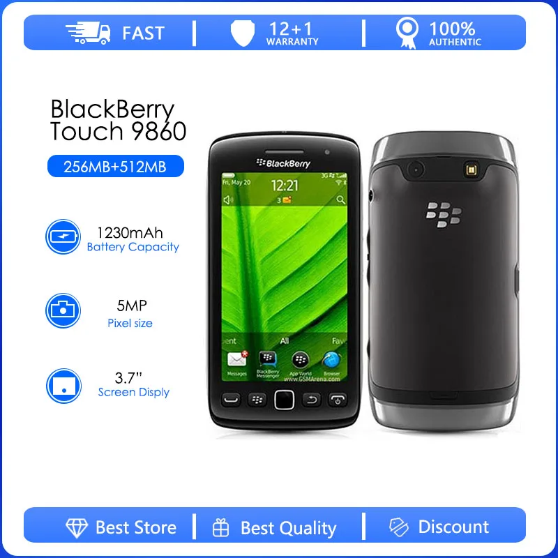 BlackBerry Torch 9860 리퍼브 오리지널 휴대폰 3.7인치 Blackberry OS 5MP 카메라 768MB RAM 4GB ROM 720p 480x800