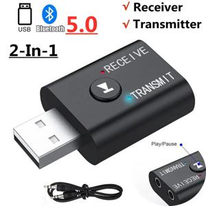 2 In 1 Bluetooth 5.0 오디오 수신기 송신기 차량용 키트 스피커 TV PC 용 마이크가있는 3.5mm AUX USB 스테레오 음악 무선 어댑터