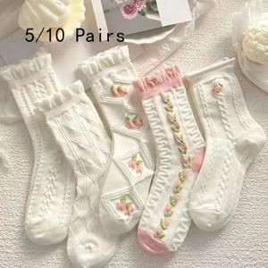 여성용 귀여운 레이스 미드 튜브 양말, 로리타크 프릴 하라주쿠 스타일, 부드럽고 다용도 유행 소녀 양말, 가을 겨울, 5 켤레