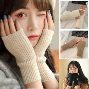 여성용 솔리드 하프 핑거 장갑, 부드럽고 따뜻한 울 뜨게 팔 장갑, 글쓰기 따뜻한 벙어리 장갑, 겨울