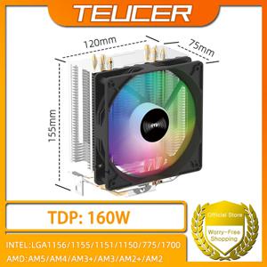 TEUCER CPU 쿨러, PC 라디에이터 냉각, 인텔 1700, 1150, 1155, 1156, 1366, AM2, AM3, AM4 용, 3 핀 PWM 사일런트 Rgb 선풍기