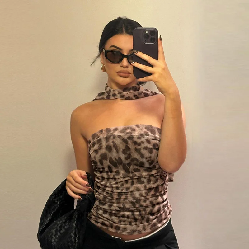 여성 Tulle Leopard Print Top with Bandeau 오프 숄더 스트레이트 컷 넥 라인 여름 캐주얼 소녀 여름 블라우스