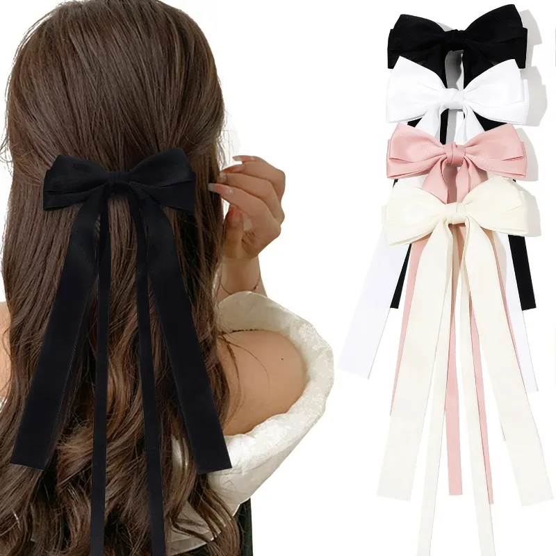 한국어 솔리드 컬러 리본 더블 Bowknot 여성용 헤어 클립 소녀 유행 빅 보우 긴 술 실버 바레트 핀 액세서리