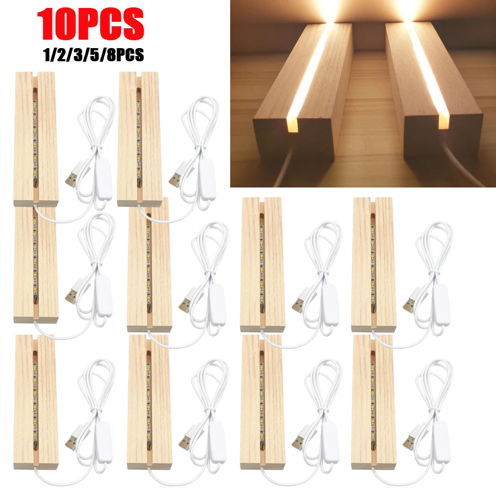 1-10pcs 직사각형 단단한 나무 LED 기본 스트립 빛나는 기본 USB 조명 스탠드 수지 편지 램프 유리 수지 아트