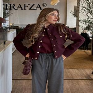 TRAFZA 2024 패션 여성 소프트 트위드 폭격기 재킷 오-넥 긴 소매 주머니 단추 느슨한 모직 코트 여성 streetwear