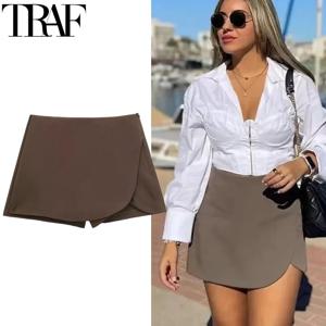 TRAF 여성용 Skort 하이 웨스트 브라운 스커트 바지 세련된 여름 핑크 블랙 미니 스커트 반바지 비대칭 캐주얼 오프 화이트 Skort