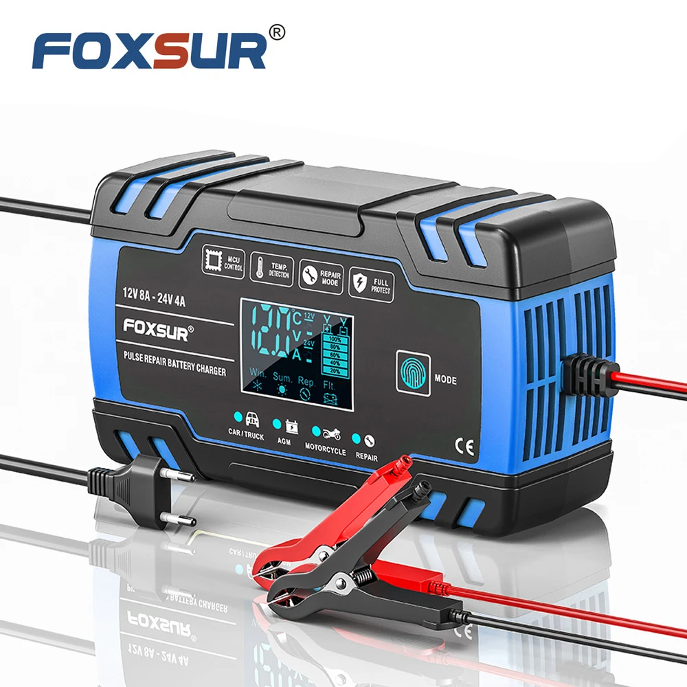 FOXSUR-자동차 배터리 충전기 12V 8A 24V 4A 터치 스크린 펄스 수리 LCD 빠른 전원 충전 습식 건식, 납 산성 디지털 LCD 디스플레이