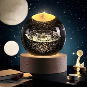 LED 받침대가 있는 소형 3D 태양계 크리스탈 볼, 가정 장식용 야간 조명, 천문학 애호가에게 선물