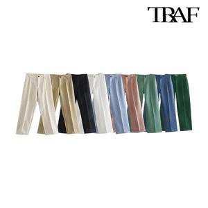 TRZA 여성 세련된 패션 사무복 스트레이트 바지 빈티지 하이 웨스트 지퍼 플라이 여성 바지 Mujer