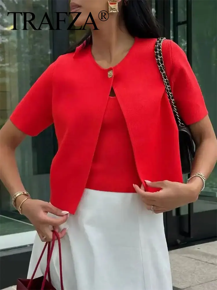 TRAFZA 여성 우아한 솔리드 카디건 코트 자켓 반팔 금속 단추 얇은 니트 셔츠 여성 Y2K Cropped Top Outwear