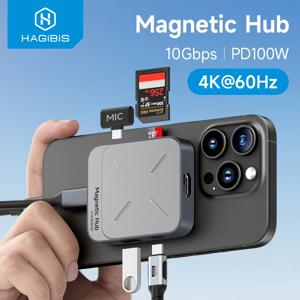 Hagibis 마그네틱 USB C 허브 C타입 멀티포트 어댑터 도킹 스테이션, 맥북 아이폰 16/15 프로 썬더볼트 4 용, 4K HDMI 100W PD