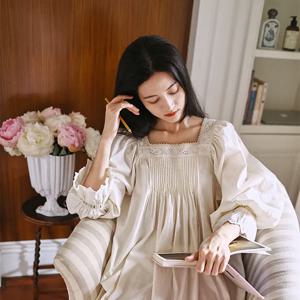 2024 공주 빈티지 긴 잠옷 여성 프랑스어 자수 스퀘어 칼라 느슨한 Nightdress 봄 풀 슬리브 코튼 Nightie