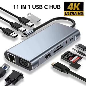 USB C타입 허브-RJ45 4K HDMI 호환 VGA SD TF USB 3.0 2.0 도킹, 맥북 아이패드 삼성 S21 덱스 샤오미 13 TV 마우스용