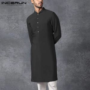 INCERUN 남성 이슬람 셔츠 스탠드 칼라 긴 소매 이슬람 아랍 Kaftan 솔리드 컬러 streetwear 캐주얼 롱 셔츠 남성 의류 5xl