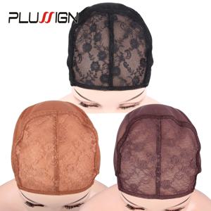 Plussign 새로운 가발 모자 헤어 네트 가발 만들기 재료 가발 용 조정 가능한 캡 블랙 브라운 금발 더블 레이스 네트 캡 Xl/L/M/S 4 크기