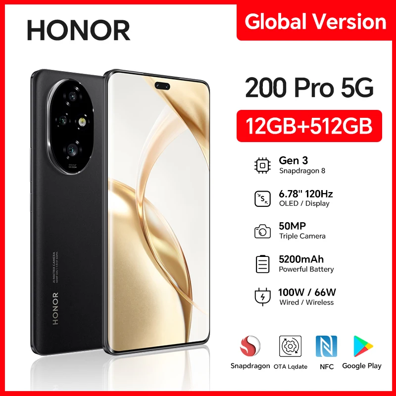 HONOR 200 프로 5G, 12GB + 512GB, 6.7 인치 OLED 스크린, 듀얼 SIM, 50MP 트리플 카메라, 고속 충전, 안드로이드 스마트폰