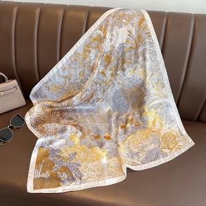 럭셔리 실크 느낌 스퀘어 스카프 여성 2023 인쇄 새틴 Neckerchief 봄 헤어 밴드 Foulard Bandana Echarpe Tie Shawl Wraps