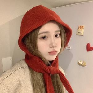 한국 귀여운 여성용 니트 후드 스카프, 작은 빨간 모자, 따뜻한 귀 보호, 차가운 방풍 모자, 겨울 패션 모직 풀오버 모자