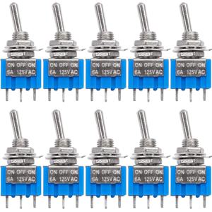 SPDT 미니 토글 스위치, 3 핀 3 위치 ON/OFF/ON 소형 토글 스위치, AC 125V, 6A 토글 스위치 MTS-103, 10 개