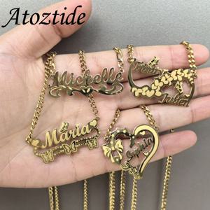 Atoztide 여성용 맞춤형 이름 목걸이, 스테인레스 스틸 하트 각인 명판 초커 링크 체인, 주얼리 선물