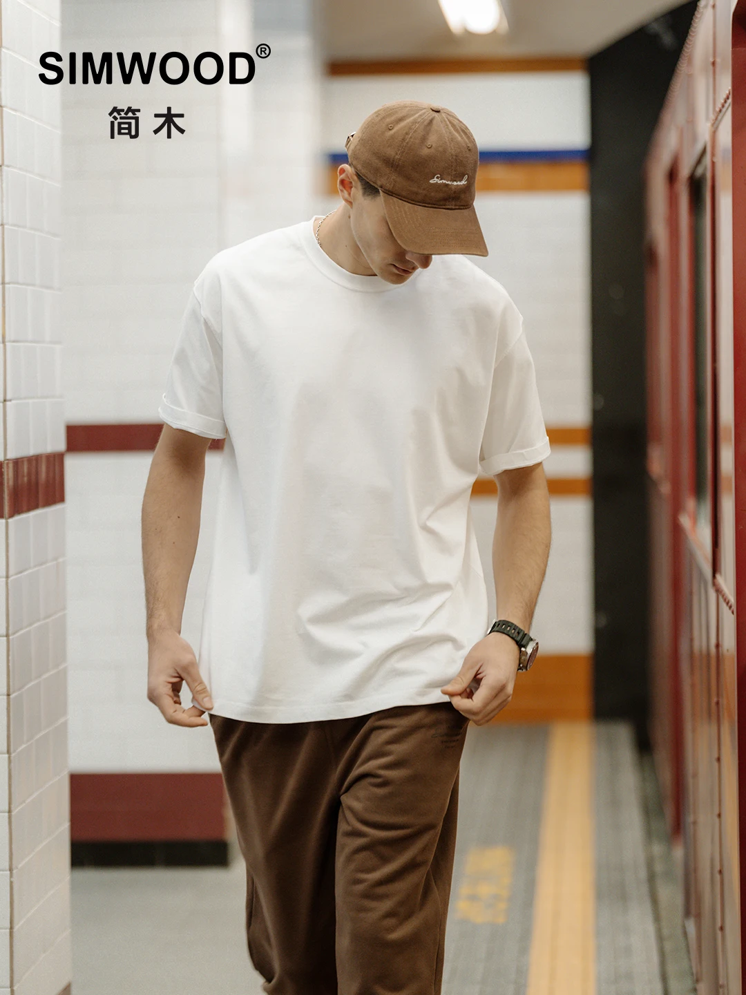 SIMWOOD 남성용 100% 코튼 원단 티셔츠, 하이 퀄리티 단색, 드롭 슬리브, 루즈 티셔츠, 오버사이즈 상의, 250g, 2025 여름 신상