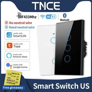 Tuya US WiFi + Bluetooth 스마트 스위치 중성선 필요 없음 1/2/3/4 Gang Light WiFi 터치 스위치 Alexa Google 홈과 함께 작동