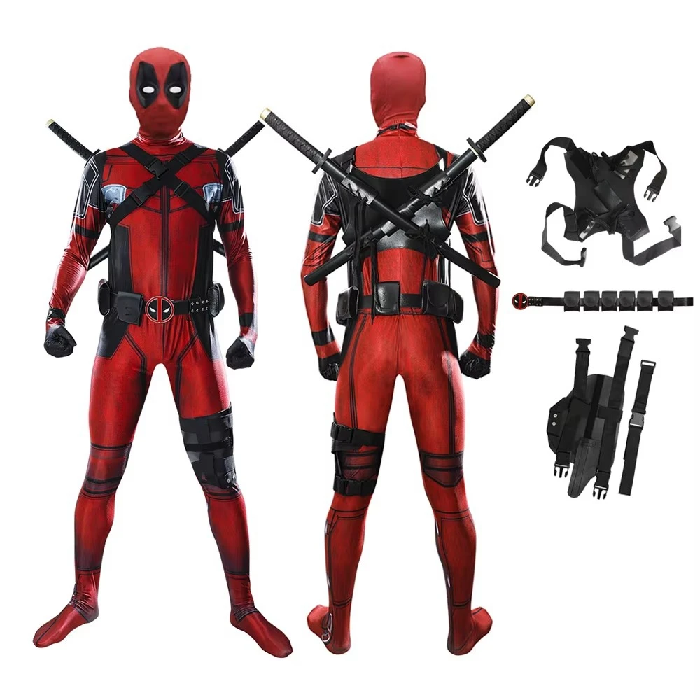 MINISO Deadpool 코스프레 의상 소년 남자 슈퍼 히어로 바디 슈트 점프 슈트 마스크 액세서리 할로윈 파티 복장 복장