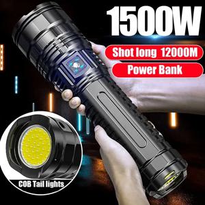울트라 브라이트 토치 내장 배터리 플래시 라이트 비상 스포트라이트 5km 1500W 가장 강력한 Led 손전등 전술