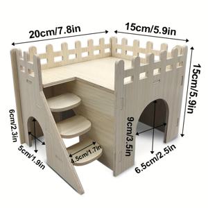 TEMU 나무로 된 햄스터 은신처 놀이터, 2층짜리 애완동물 우리 액세서리, 평평한 지붕, 햄스터, 저빌, 쥐를 위한 다층 공간 절약 장치