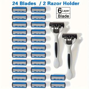 TEMU 남성용 수동 면도기 키트 - 인체공학적 손잡이 2개 + 저자극성 면도날 24개 - 6층 스테인리스 스틸 정밀 제모 안전 면도기 세트 - 겨드랑이 및 전신 그루밍 도구 및 액세서리 포함