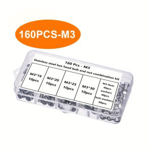 TEMU 160pcs 스테인리스 스틸 육각 볼트, 너트 및 와셔 세트 - M3 풀 스레드 금속 패스너, DIY, 가정 및 작업용 다용도, 부식 방지용