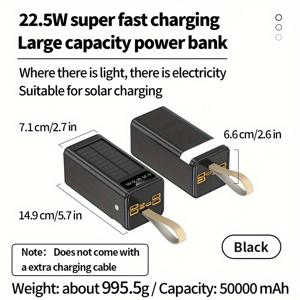 TEMU 22.5W 고속 충전 태양 전지 50000mAh LED 디스플레이, 범용 USB/Type-C, USB 충전, ≤36V 작동 전압, 충전식 리튬 폴리머 배터리, 손전등, 야외 캠핑 및 비상 사용을 위한, iPhone/Android 기기와 호환 가능합니다.|보조배터리|보조배터리20000